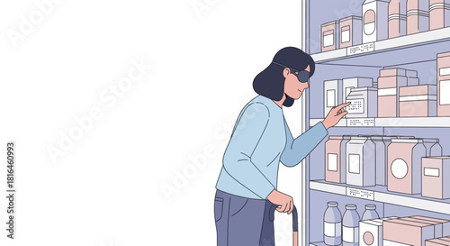 Blind woman with cane reading braille on product in store. Visually impaired shopping.