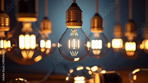 Illuminated lightbulbs hanging in a dark room, close-up shot, glowing filament, warm lighting, conceptual photography