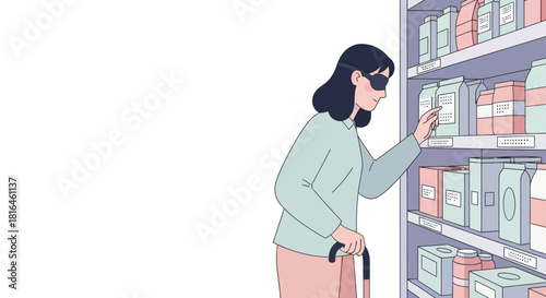 Blind woman with cane touching product on shelf in store. Accessibility and inclusion.