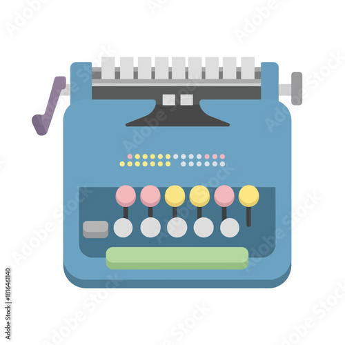 Retro blue typewriter with round keys and colored dots, vintage machine for writing.