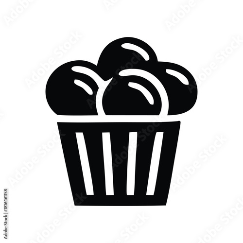 Black silhouette icon of a sweet cupcake or muffin with spherical toppings, a simple vector graphic for bakery and pastry shop designs isolated on a white background