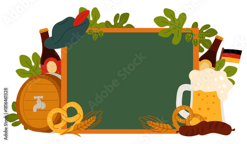 Oktoberfest promotional banner with wooden board. Bavarian festival. German hat. Sausage and pretzel. Hops leaves frame. Beer glass. Alcohol bottles. Empty chalkboard. Vector background