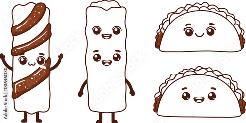 Cartoon food character set, snack taco icons, chocolate bar mascot, cute vector graphics, kids illustration pack, flat playful design