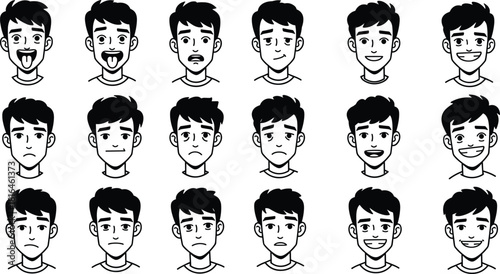 Cartoon male face expressions, emotional character design, vector avatar set, mood icons, flat illustration, psychology, animation, emoji pack