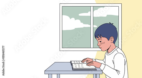Young boy reading a braille book at a desk near a window, education and learning concept.