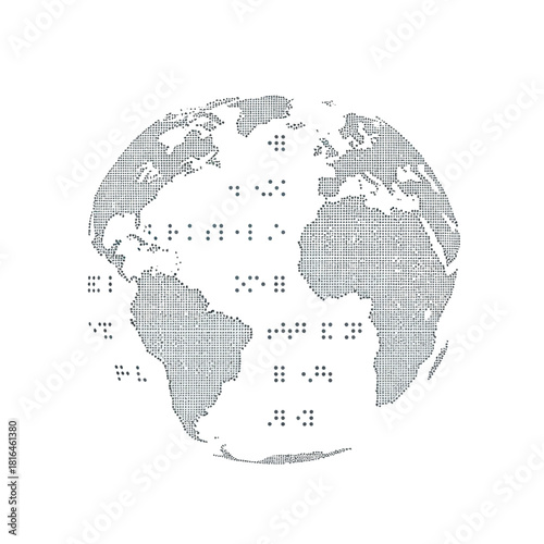 Globe with braille text showing continents, concept for visually impaired community.