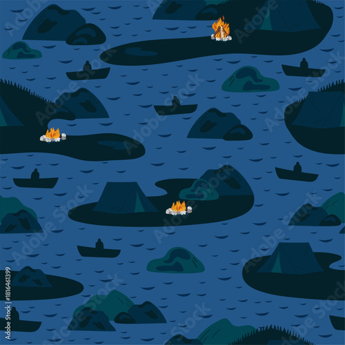 Night river or lake with islands. Nighttime landscape seamless pattern. Camping tents. Tourist campfire. Fishing at boat. Repeated print. Dark dusk nature scenery. Vector background