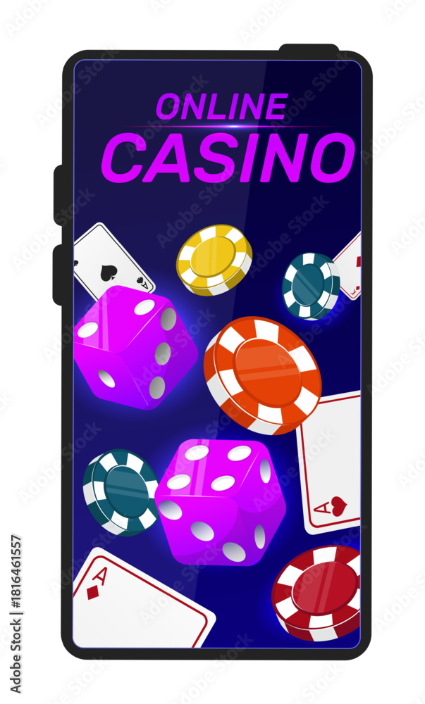 Fototapeta premium Mobile phone with game chips. Playing cards. Poker ace. Gambling dice. Text about bingo casino. Online application. Cellphone app. Gamble betting. Winner jackpot. Vector smartphone screen
