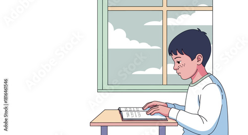 Boy with visual impairment reading braille book at desk by window with cloudy view.