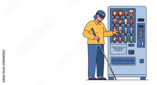 Visually impaired woman uses cane while buying snacks from vending machine, accessibility.
