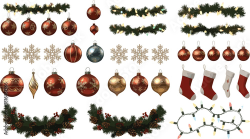 Christmas decoration set, festive ornaments, baubles, garlands, stockings, snowflakes, lights, holiday elements, vector drawing, cad sketch, flat style