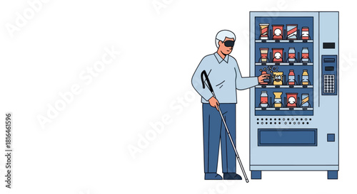 Blind man with cane buying snack from vending machine. Accessibility and inclusion concept.