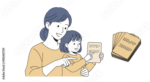 Mother and daughter learning braille alphabet cards, education for blind people concept.