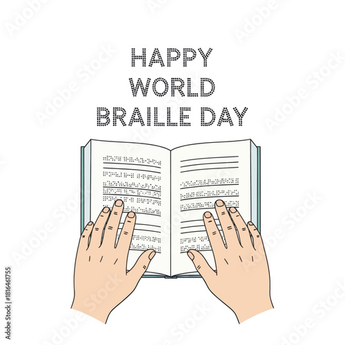 Happy world braille day illustration with hands reading a book with braille writing.