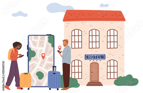Man and woman book hotel room online using app on phone. Smartphone screen. Map with location pin. Travel application. Tourist with baggage. Motel accommodation reservation. Vector concept