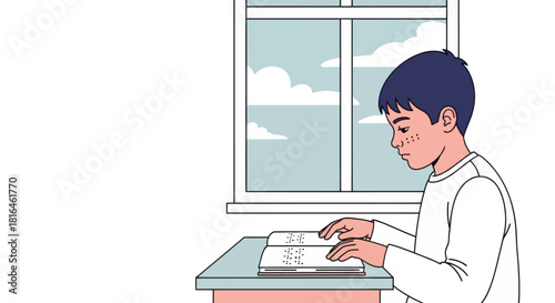 Boy reading braille book at desk near window. Education for the blind and visually impaired.