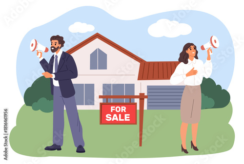 Male and female realtor use megaphone to announce sale of house. Real estate agents sell building. People with loudspeakers. Suburb architecture. Property purchase. Buy home. Vector concept