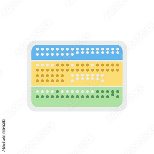 Electronic breadboard with holes in colorful rows for prototyping and experimentation.
