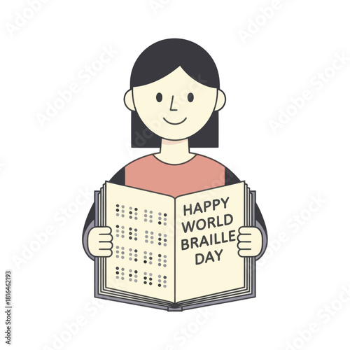 Young woman reading book with braille text and happy world braille day message.