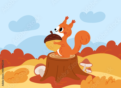 Contented squirrel with large acorn sits on stump against backdrop of beautiful autumn forest. Animal holding nut. Orange tree leaves. Autumnal nature. Wild mammal. Vector illustration
