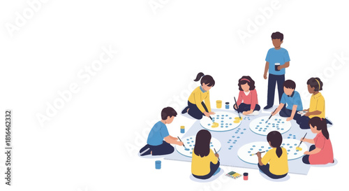 Group of children painting together on large paper with a teacher supervising them.