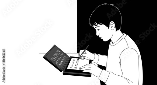 Young man using a braille typewriter with stylus, writing on paper. Inclusive education.