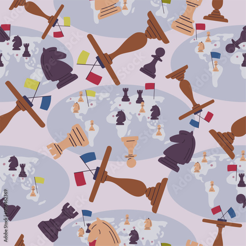 Concept of great world chess game. Negotiations between countries seamless pattern. Politic deal. Diplomacy strategy at chessboard. Repeated print. Global tournament. Vector background