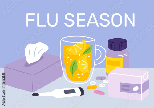 Cold or flu remedies. Healthcare drink cup with honey and lemon. Pills for fever treatment. Tissues box. Thermometer and pharmaceutical meds. Vector banner about start of influenza season