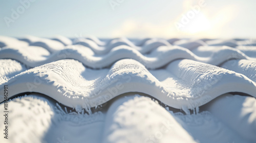 White wavy roof tiles with frost under bright sunlight  