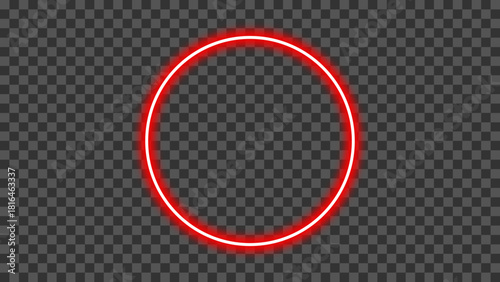 Neon glowing red circular outline frame isolated on transparent background. Red round stroke light with realistic neon glow effect. Shining neon glow blank circle. Vector illustration.