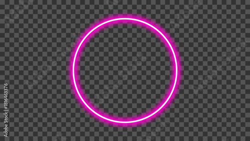 Neon glowing pink circular outline frame isolated on transparent background. Pink round stroke light with realistic neon glow effect. Shining neon glow blank circle. Vector illustration.