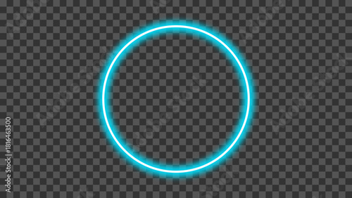 Neon glowing blue circular outline frame isolated on transparent background. Blue round stroke light with realistic neon glow effect. Shining neon glow blank circle. Vector illustration.