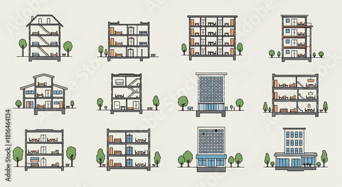 Architectural Designs Showcasing Various Building Cross-Sections and Facades