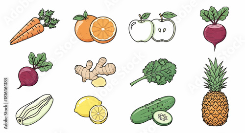 Assorted fruits and vegetables arranged in a grid pattern on a white background