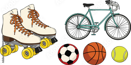 Recreational Sports Equipment Set Roller Skates, Bicycle, and Balls