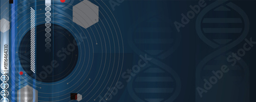 Abstract hexagons, DNA strands, connected neural web, science and technology background