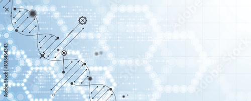 Abstract hexagons, DNA strands, connected neural web, science and technology background