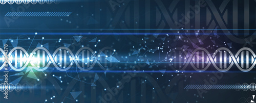 Abstract hexagons, DNA strands, connected neural web, science and technology background