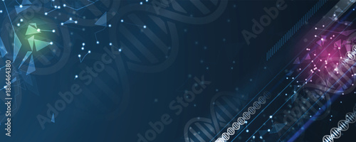 Abstract hexagons, DNA strands, connected neural web, science and technology background