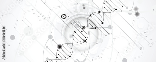 Abstract hexagons, DNA strands, connected neural web, science and technology background