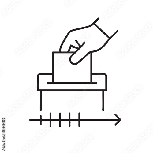 a simple line drawing depicts a hand inserting a paper ballot into a ballot box for voting