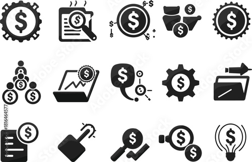 Financial business icons, dollar sign symbols, economy vector set, black white graphics, audit tools, money concept, flat illustration pack