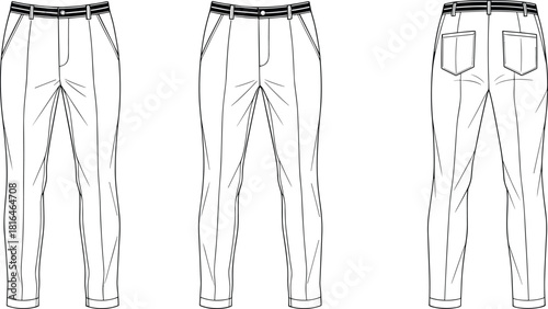 Flat vector illustration of men’s tailored trousers front, side and back views, CAD drawing style, fashion tech pack, apparel design template