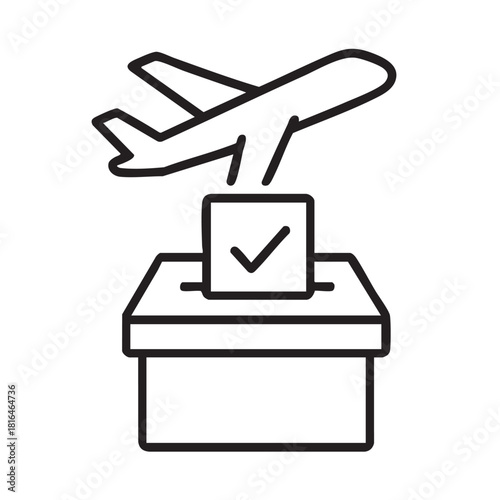 A simple line drawing depicting an airplane flying out of a ballot box with a checkmark