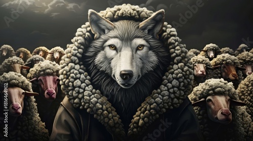Wolf in Sheep's Clothing Concept Illustration Close Up View of Deception and Hidden Danger Amongst Innocence