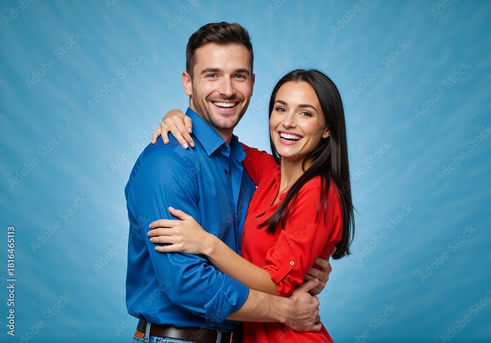Obraz premium Happy young couple smiling and embracing in a loving hug. Portrait of a man and woman in a relationship on a blue background