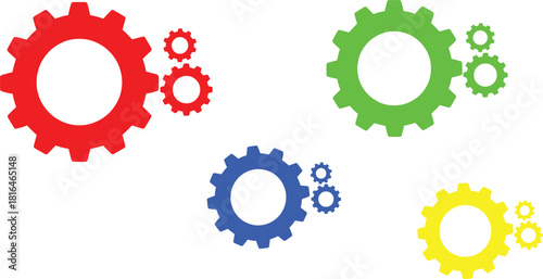 Colorful gear set illustration—five mechanical trios in red, green, blue, and yellow for motion and mechanics 