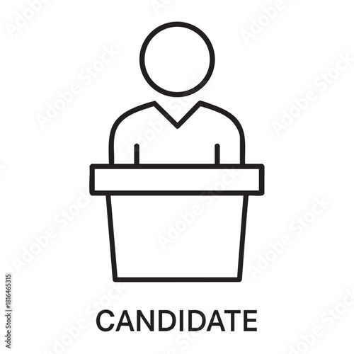 A simple black and white line drawing depicts a person standing behind a podium with the word candidate