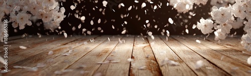 Soft focus image of flowers falling on a wooden floor, with a blurred background