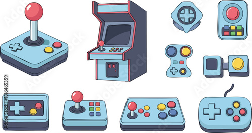 Diverse Collection of Cartoon Arcade Game Controllers and Console Vectors